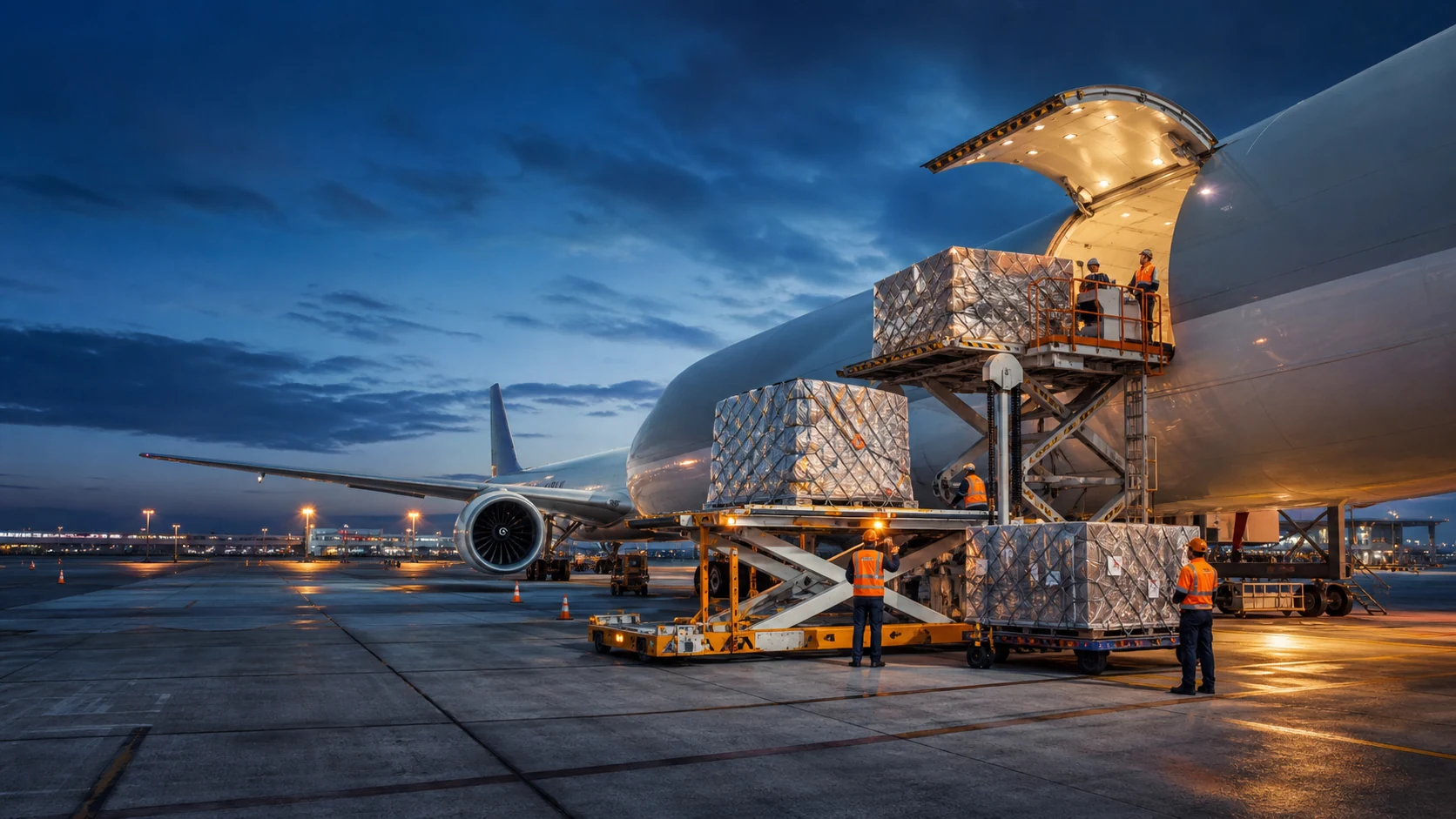 International air cargo pallets being loaded onto a freighter aircraft for Viraya
