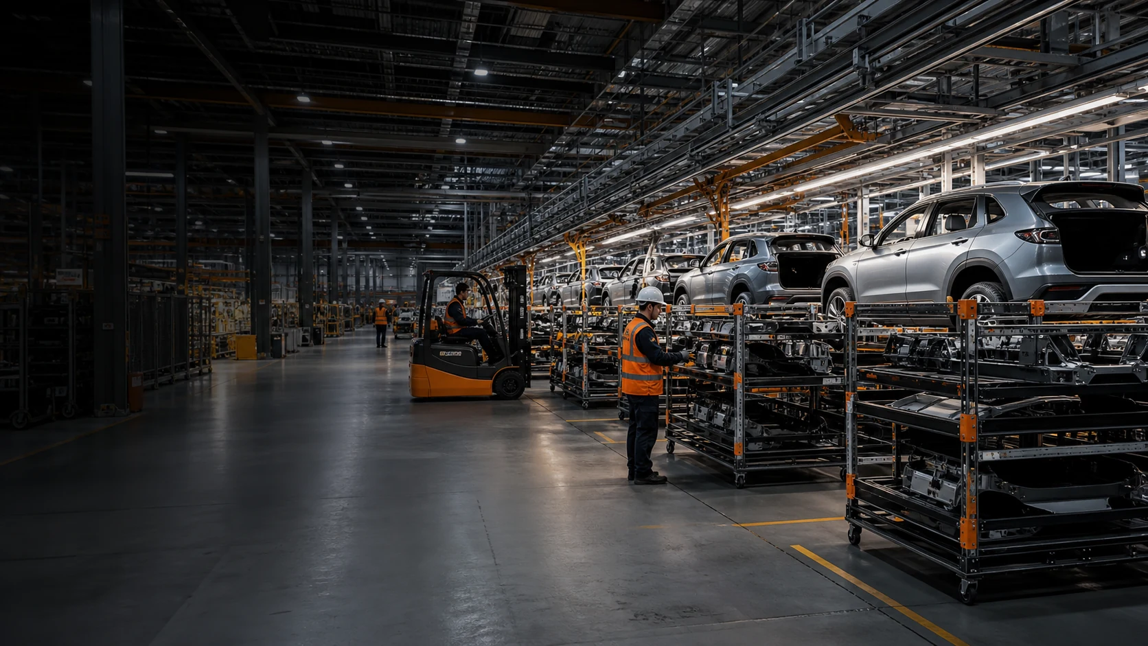 Automotive components and sequenced material flow coordinated inside a modern vehicle plant