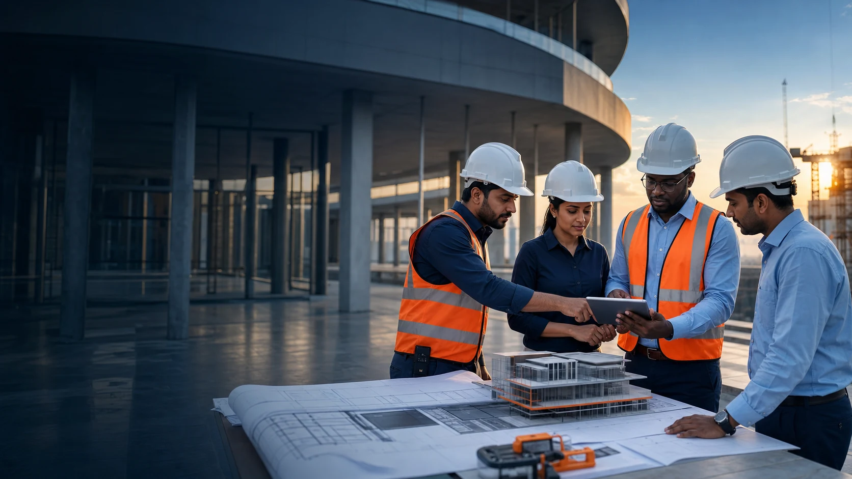 Viraya multidisciplinary engineering team reviewing plans at a project site