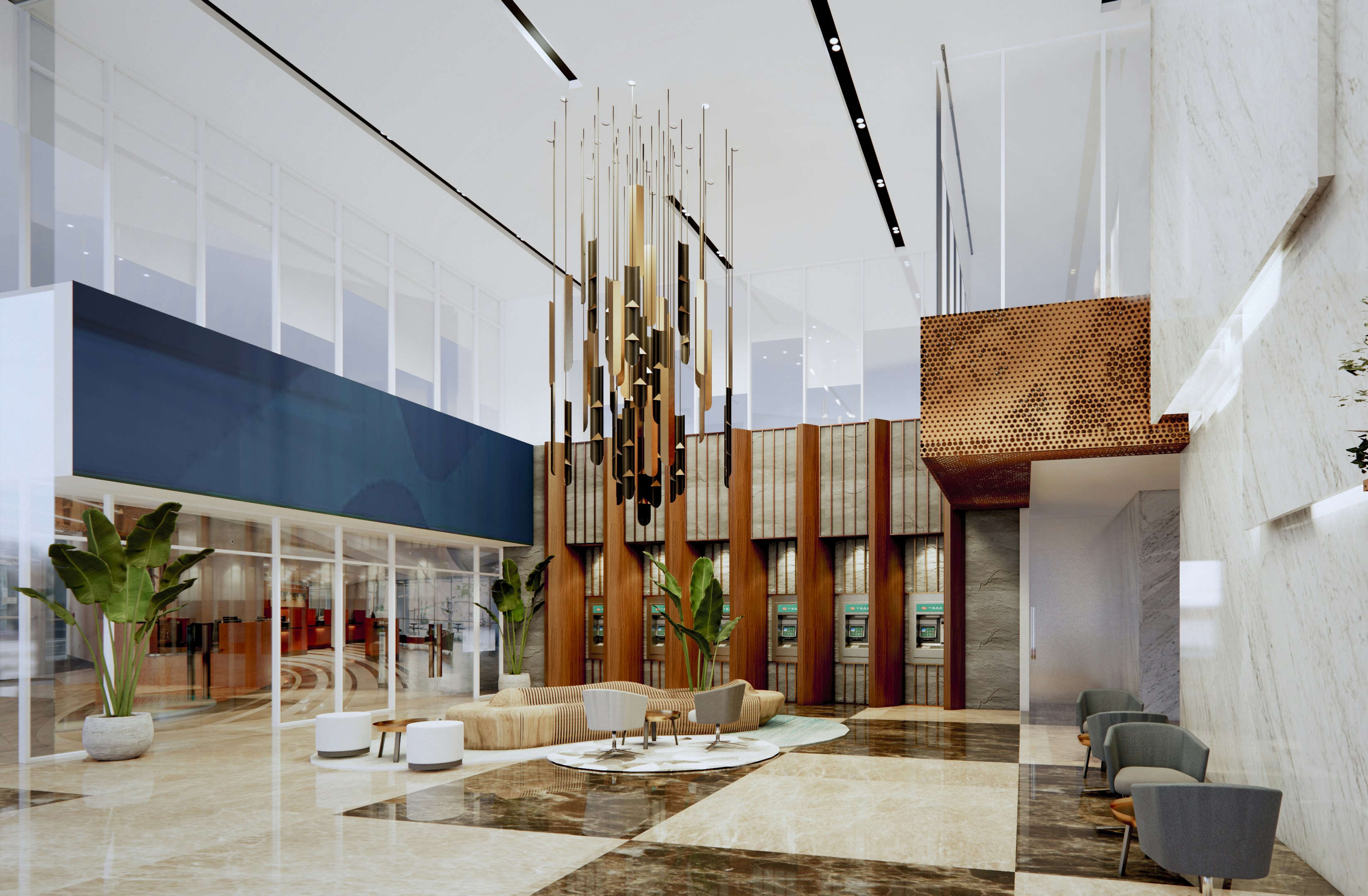Contemporary interior with coordinated furniture, lighting, materials and finishes