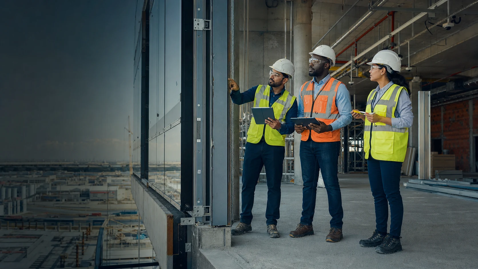 Viraya supervision team inspecting facade installation on an active construction site