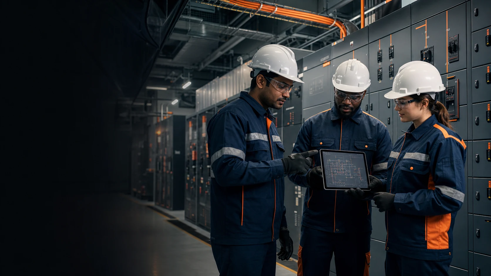 Viraya electrical engineers coordinating power distribution systems in a modern plant room