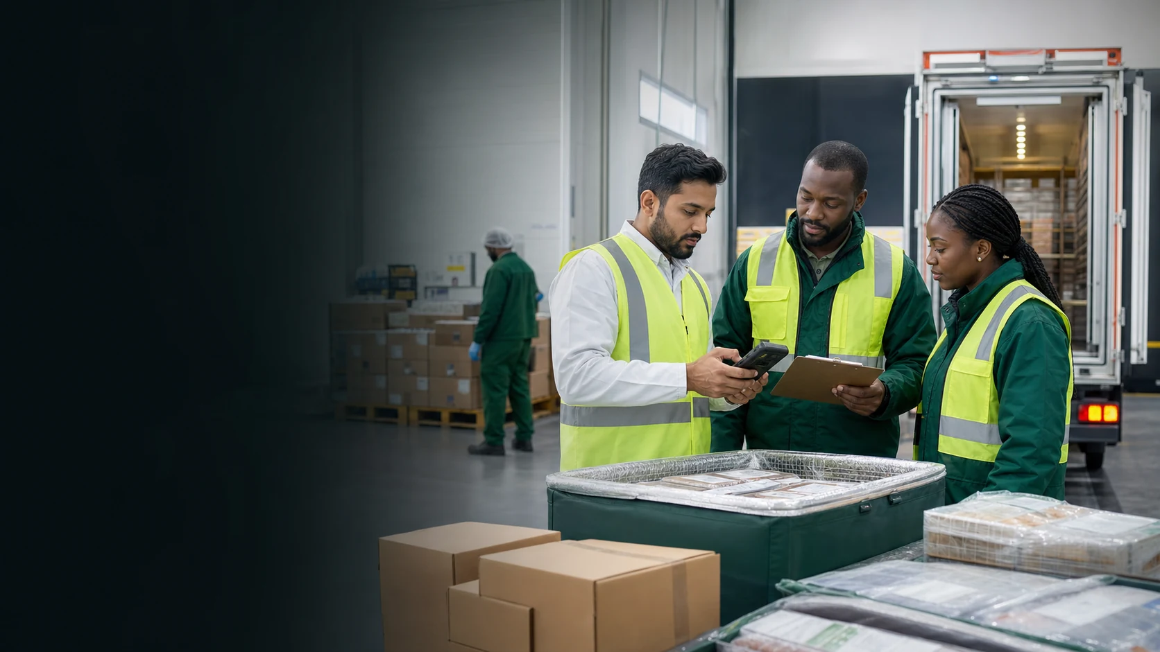 Viraya logistics team checking packaged food cargo at a refrigerated loading facility