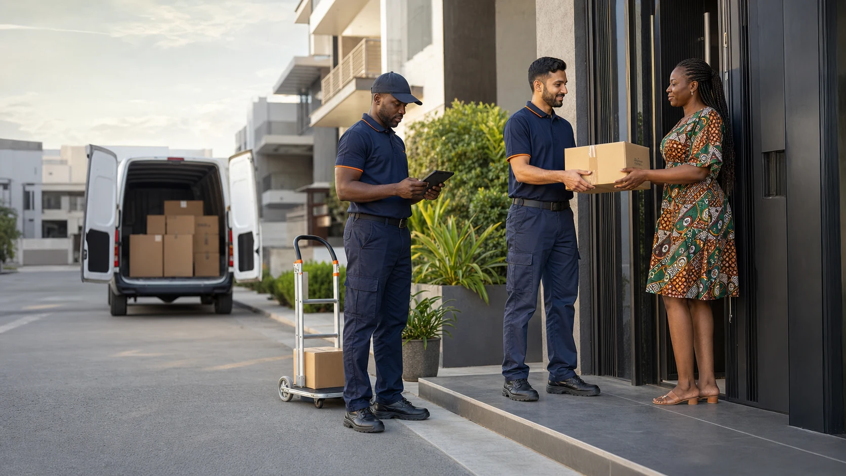 Viraya final-mile team completing a residential doorstep delivery