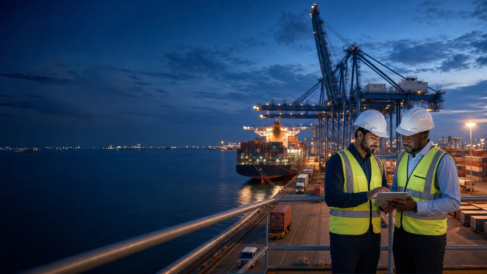 Viraya India and Nigeria logistics professionals coordinating freight at an international container port