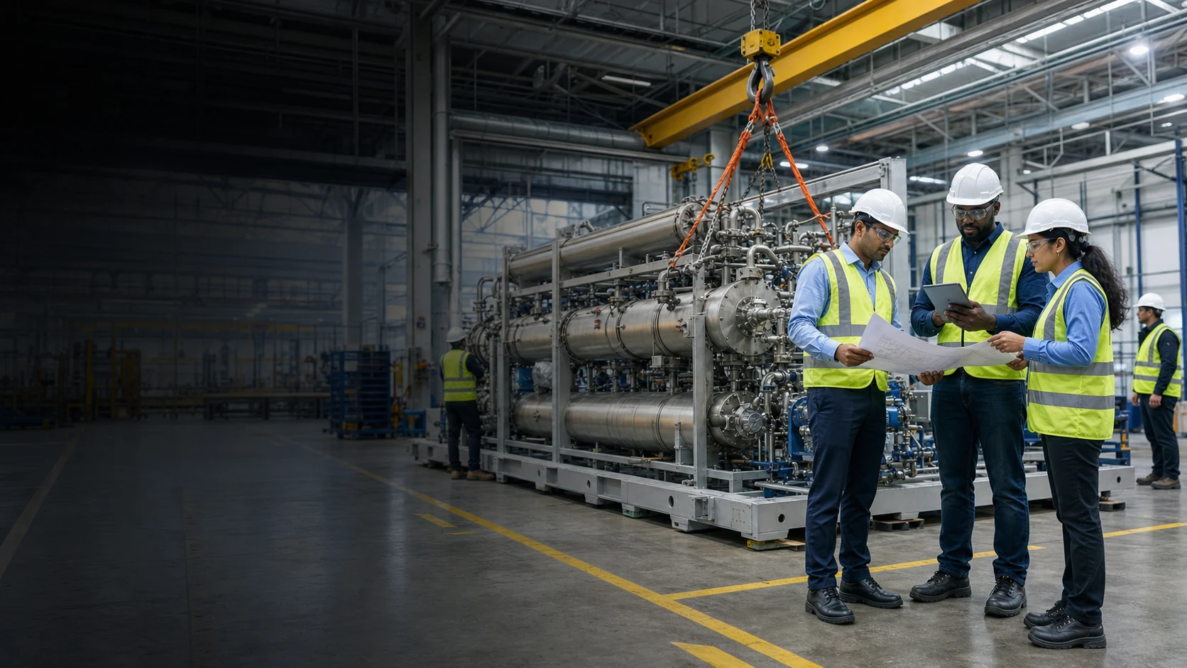 Viraya engineers coordinating industrial machinery installation inside a modern plant