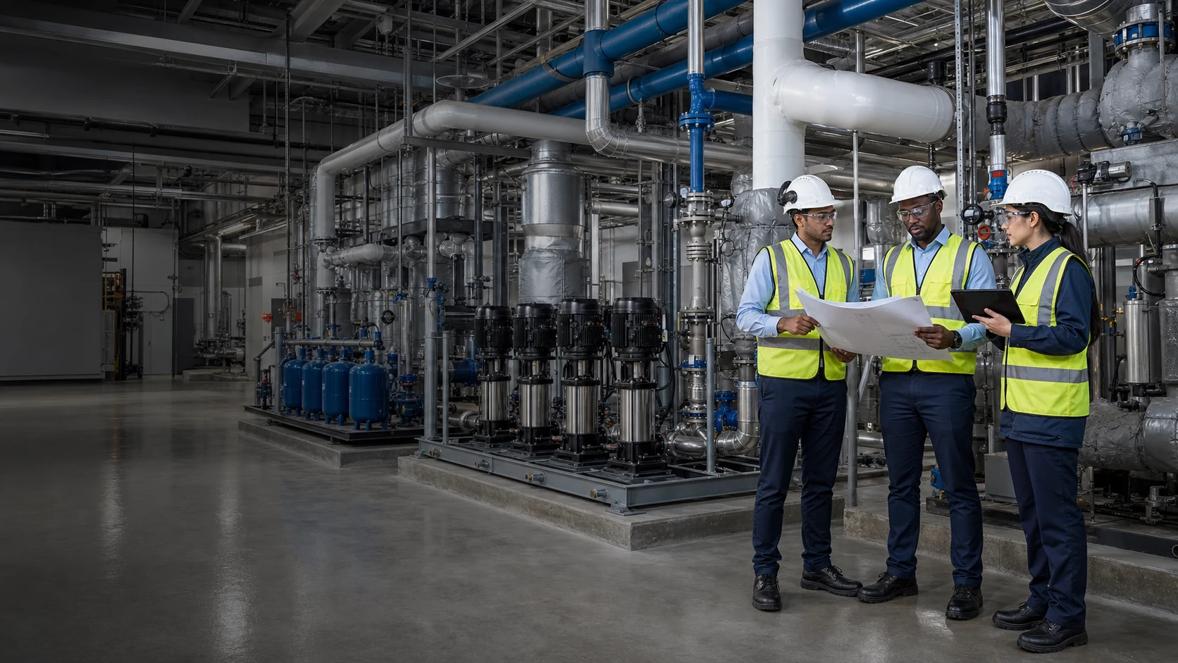Viraya mechanical engineers reviewing coordinated pumps, pipes and plant equipment