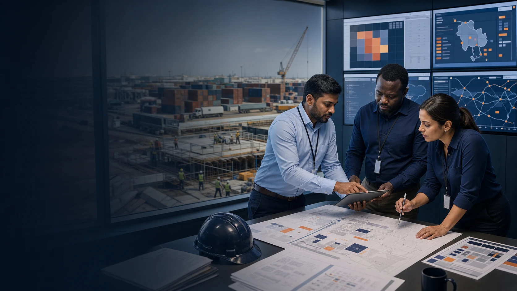 Viraya team reviewing engineering and logistics risks in an operations control room