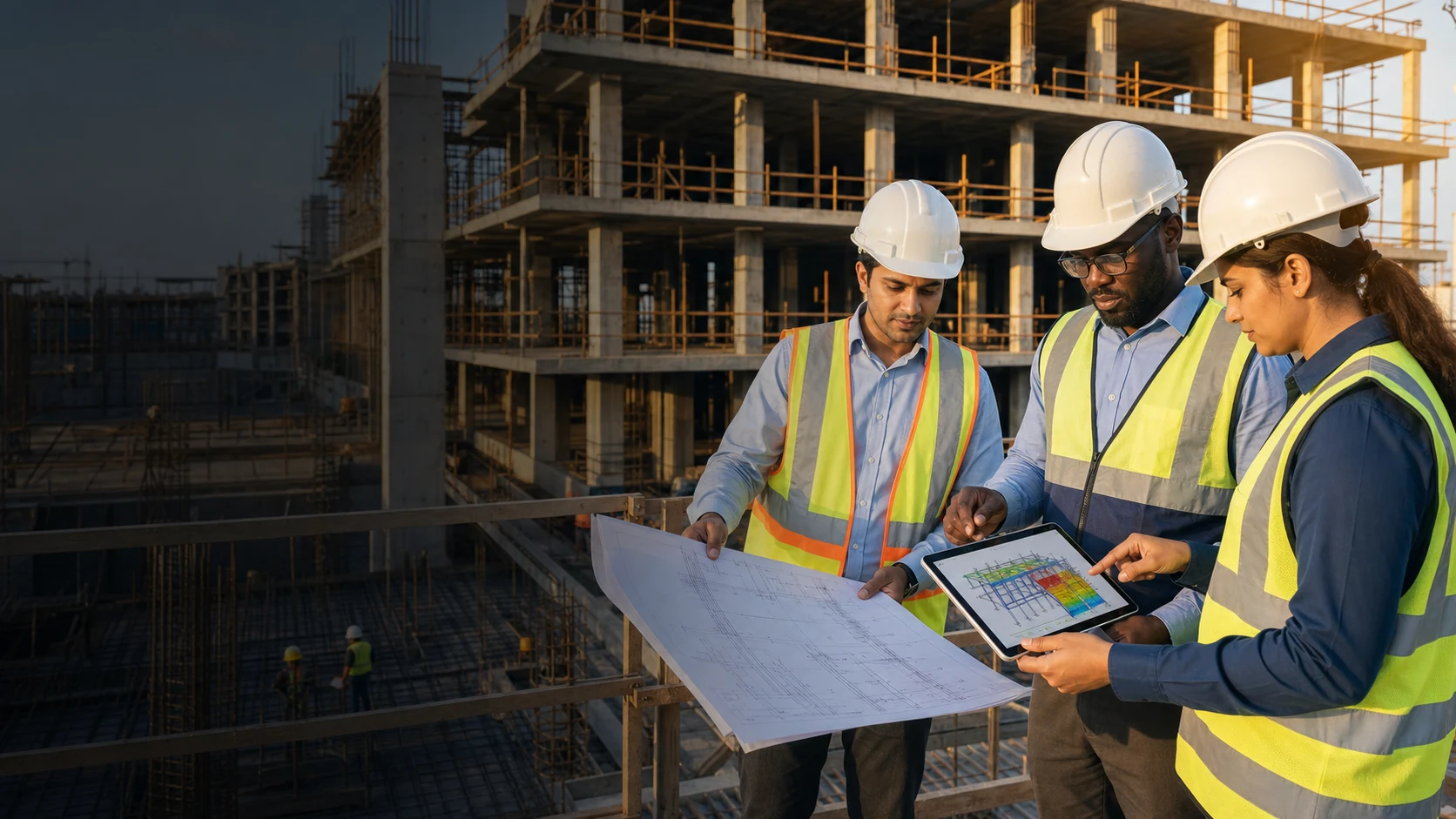 Viraya structural engineers reviewing a reinforced-concrete building frame