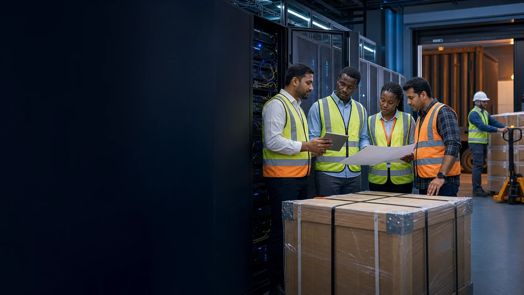 Viraya engineers and logistics professionals coordinating technology infrastructure equipment